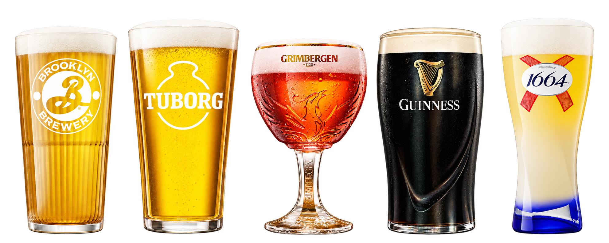Fem fadøl sammen: Brooklyn, Guinness, 1664 Blanc, Tuborg og Grimbergen
